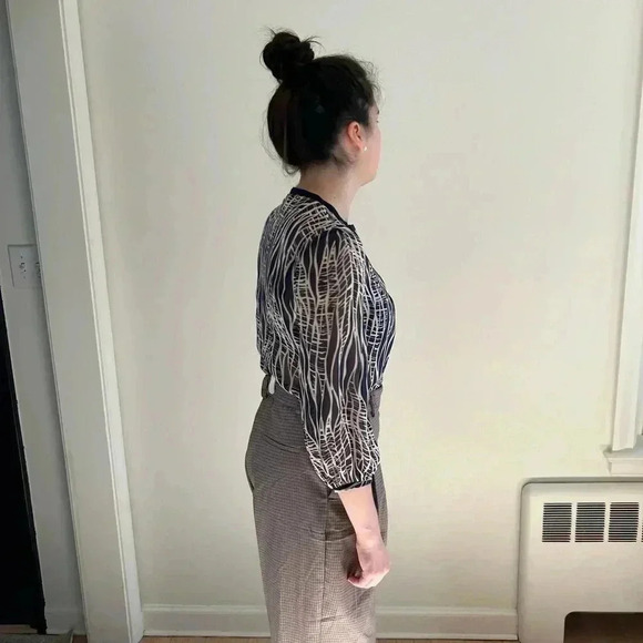 ANTHROPOLOGIE FEI 100% SILK Balloon Sleeve navy Sheer button down Blouse Sz 2 - Picture 6 of 7